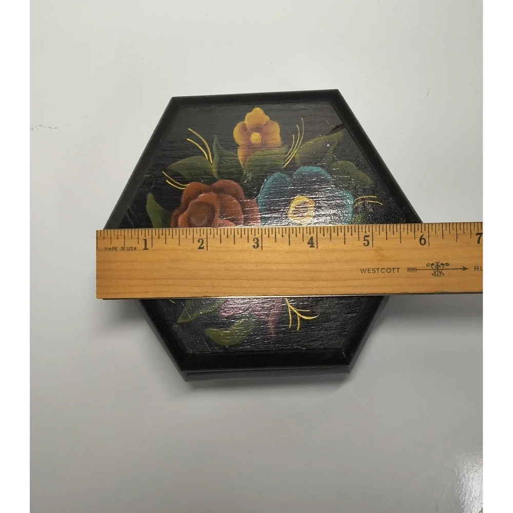 Vintage Black Wood Box Signed Hand Painted Flower Design ~ Jewelry Trinket Gift